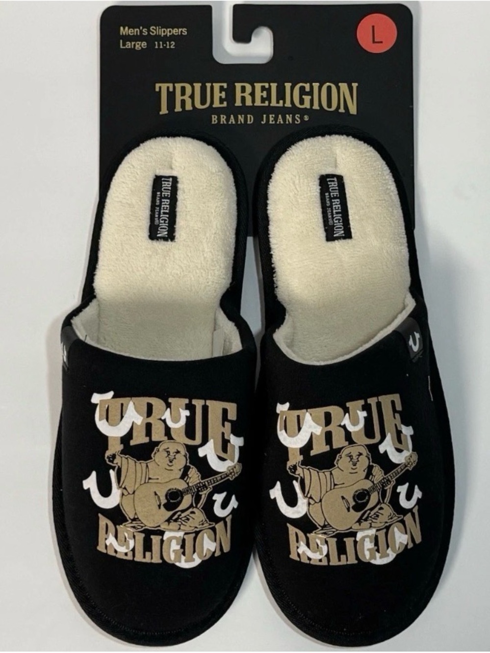 True Religion Black & Cream Logo Slip-On Slippers